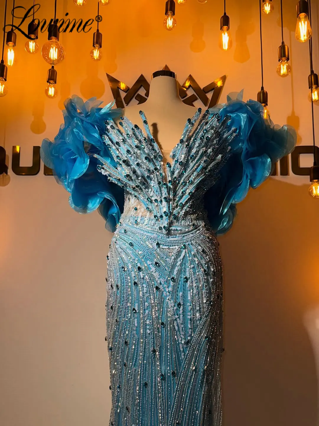 

Blue Long Prom Dresses Customized Sparkly Arabic Beaded Sequins Wedding Party Gowns Dubai Maxi Vestidos De Soiree