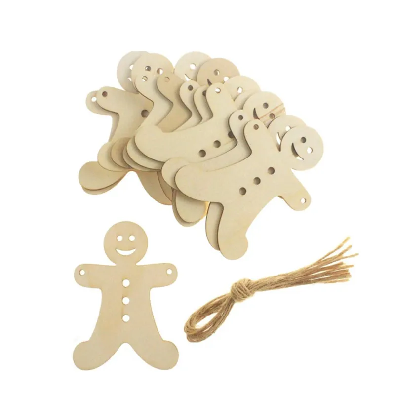 10pcs Unfinished Gingerbread Man Ornaments Wooden Gingerbread Hanging Baking Cutout Tree Ornaments for Christmas DIY Decorations