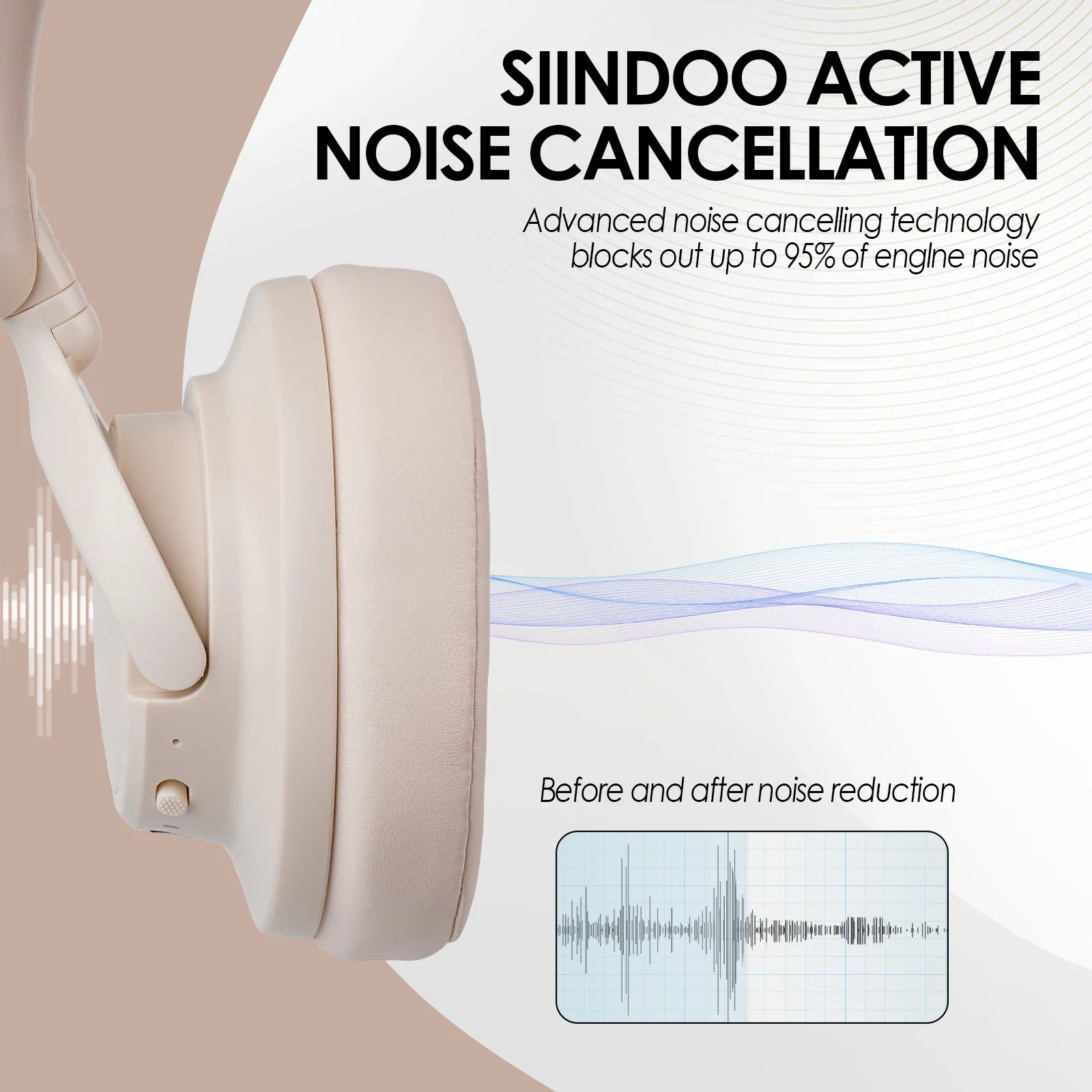 Siindoo Newest Active Noise Cancelling Wireless Headphones Over Ear Bluetooth earphones with Mic 70H Playtime JH-ANC630 Beige