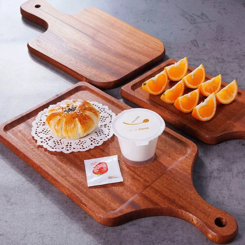 Natural Ebony Wooden Serving Board With Handle Rectangular Pizza Tray Modern Kitchen Dinnerware For Steak Bread Display