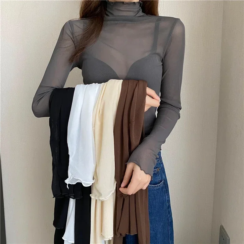 Hot Women Mesh Tops Long Sleeve High Neck Lettuce Edge Solid Color Slim Fit Sheer Beach Sexy Tops Perspective Gauze