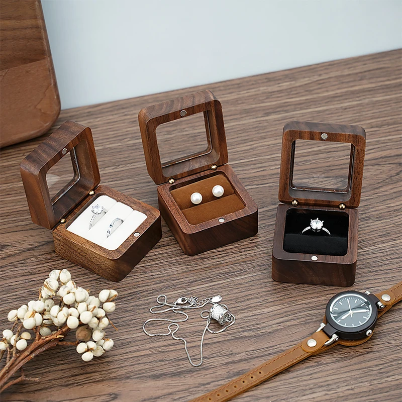 

Jewelry Box Walnut Solid Wood Wedding Ring Box Small Jewelry Storage Desktop Proposal Diamond Ring Square Jewelry Box