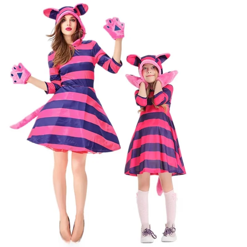 

loween Costume Alice in Wonderland Smiling Sbook Parent-Child Striped Cosplay Outfit Women's Ethnic Stage Wear