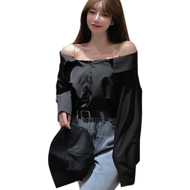 Women\'s Spring Autumn Chain Long-Sleeved Shirt Female Korean Style A One-Line Collar Strapless Loose Short Paragraph Blouse