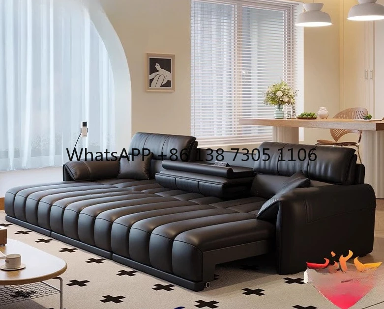 

Electric function sofa bed Living room first layer cowhide large Italian minimalist intelligent straight row leather sofa