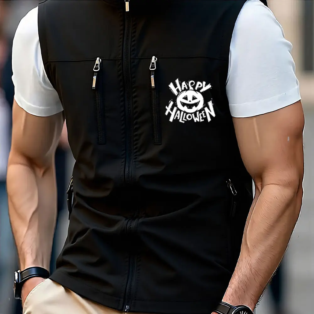 

Men's Pumpkin Head Prints Vest With Zipper Pockets Windproof Sleeveless Jacket for Hiking Golf Outdoor Outwear Windbreaker