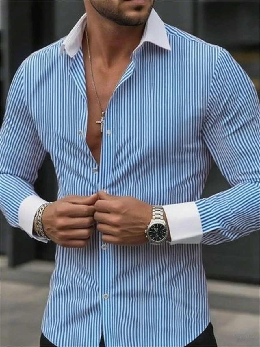 Men's slim-fit striped lapel long-sleeved formal shirt collar business commuting fashionable and comfortable workplace wear