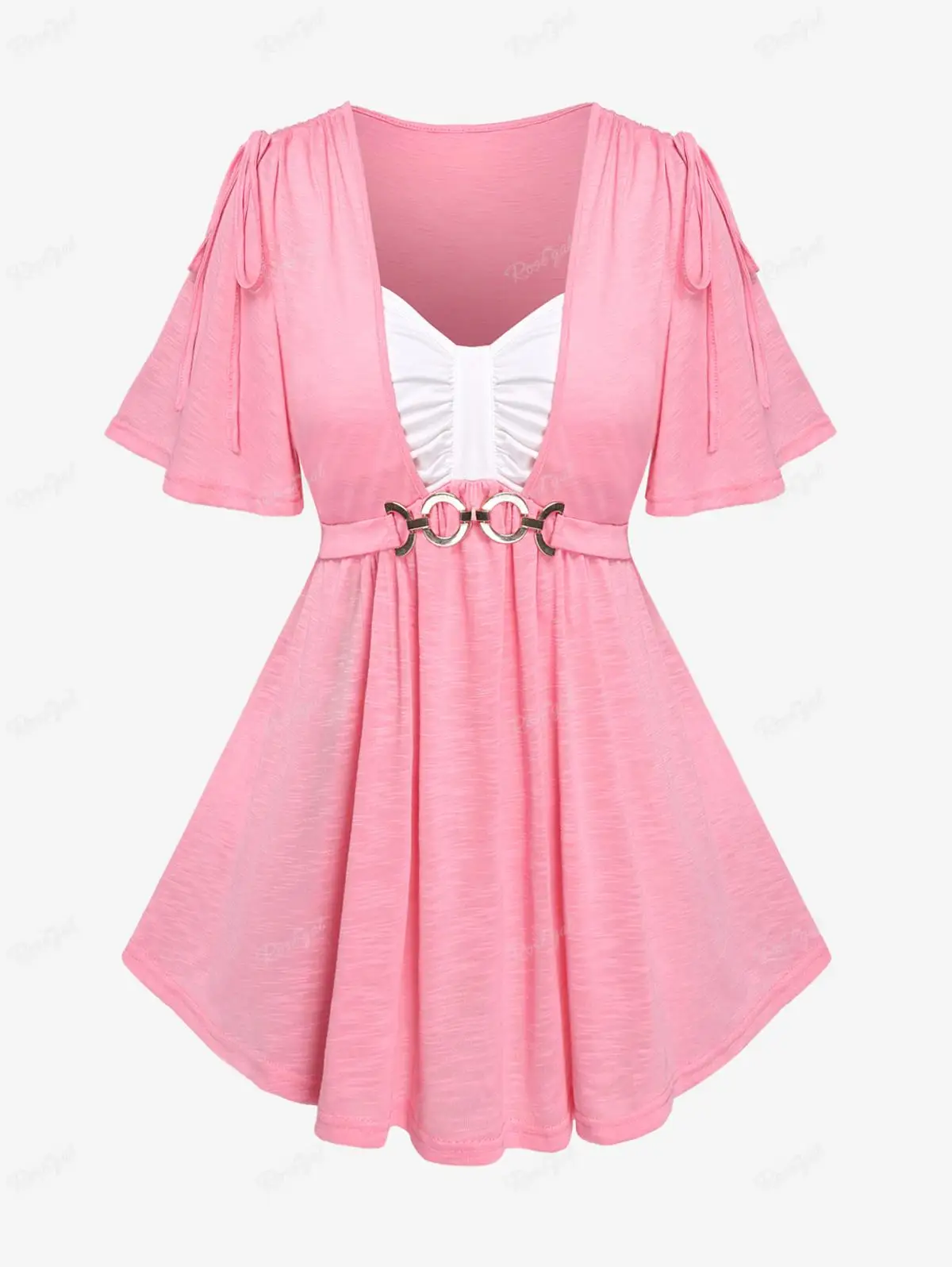 

ROSEGAL Plus Size Cinched Ruched Knot Flutter Sleeves Tees Summer Colorblock Vest Light Pink T-shirt Women's Clothing