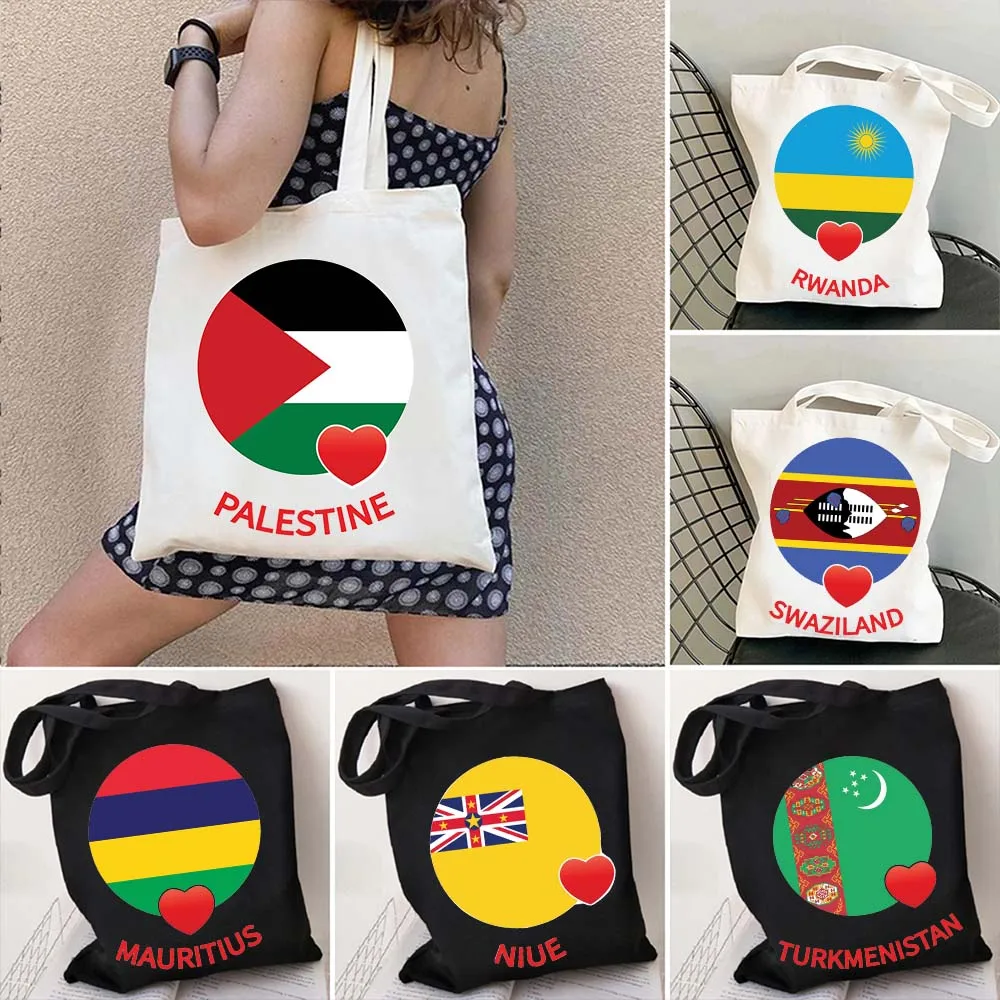 

CostaRica Swaziland Mauritius Niue Palau Papua Rwanda Saint Kitts Tuvalu Love Heart Circle Flag Shopper Canvas Tote Bag Handbags