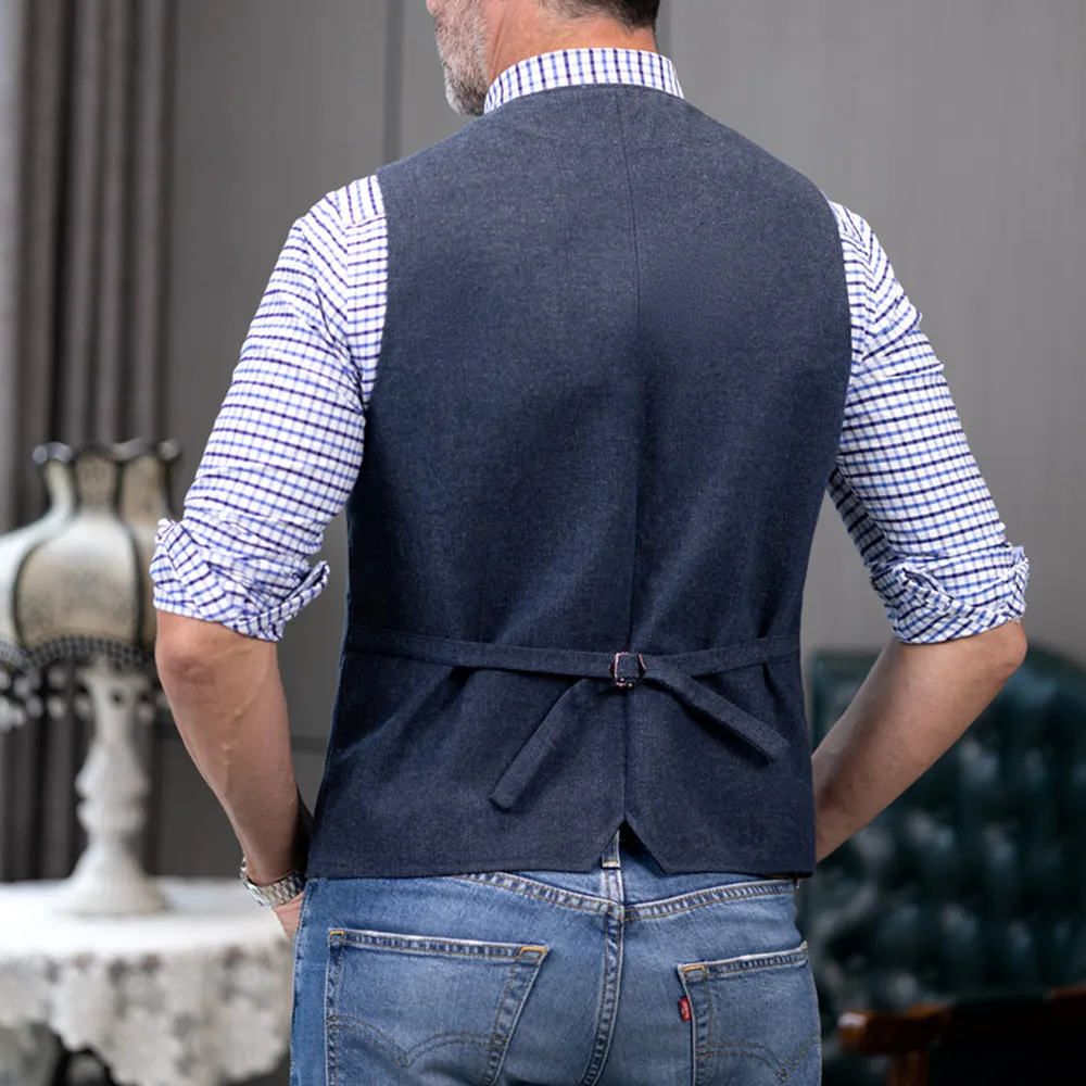 Chaleco de traje clásico informal para hombre, cuello en V, espiga, Tweed, chaleco de negocios ajustado para boda