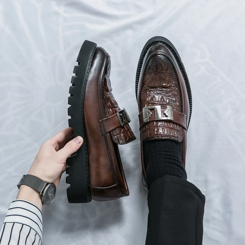 2025 S/A New British Street Style Leather Loafers For Men\'s White Black Hombre Dress Casual Height Increasing Shoes Lager Size