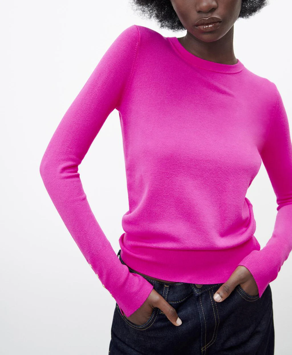 Metal Button round Ne Long Sve Slim Fit Knitted Top Women's Faion Autumn Winter  Color Sweet Sle Base Layer irt