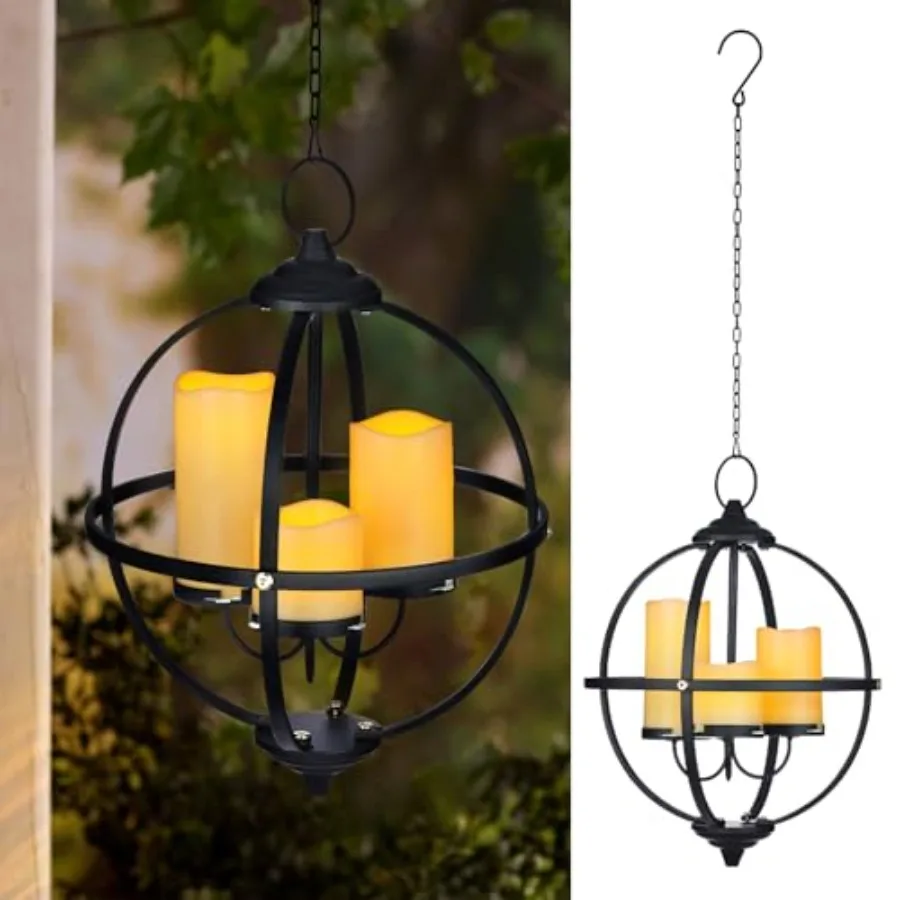 

Battery Operated Outdoor Cle Chelier - Metal Globe Hanging Pendant Light with 3 Flameless Cles, 12.6" Waterproof Lights for Gaz