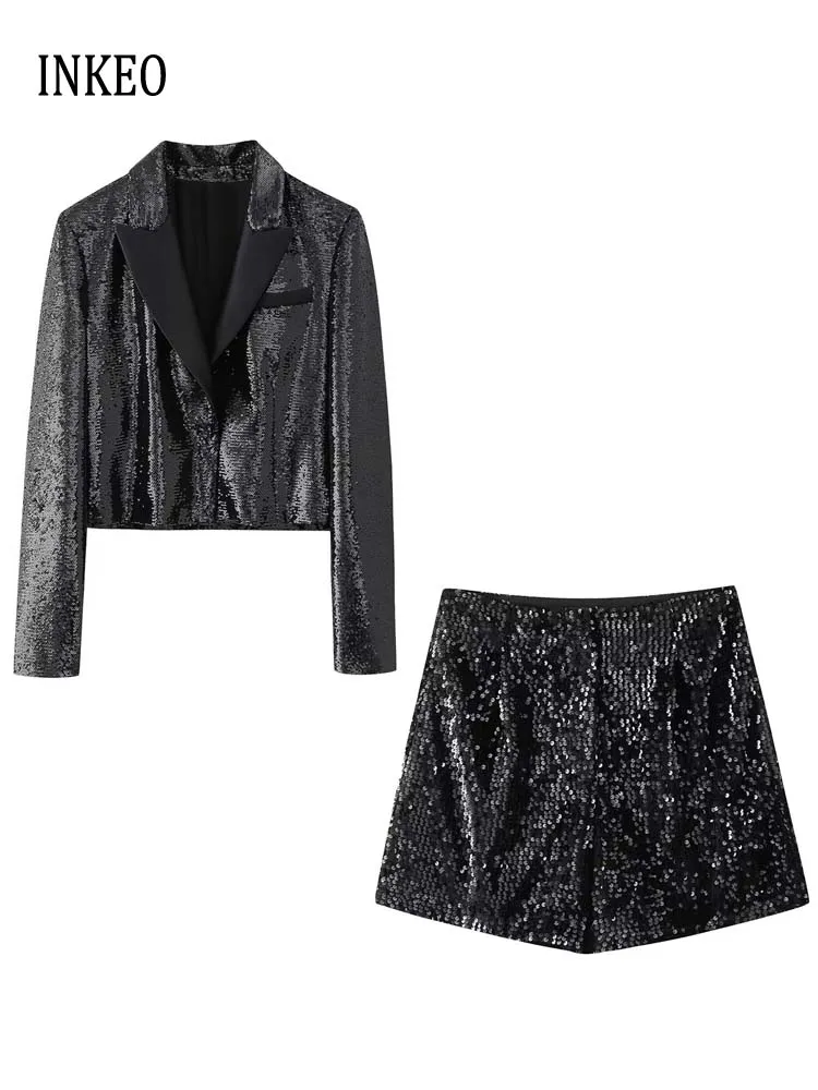 

Stylish Contrast Sequined blazer Cropped jacket And High waist Mini skirt Bermuda shorts 2024 New Two piece set Spring 3O363