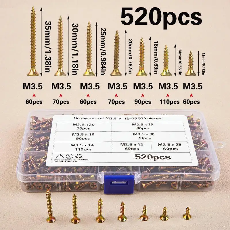 520Pcs/box M3.5 Colorful Countersunk Head Self-Tapping Screws Galvanized Screw Set For Woodworking Industrial Home Decoration