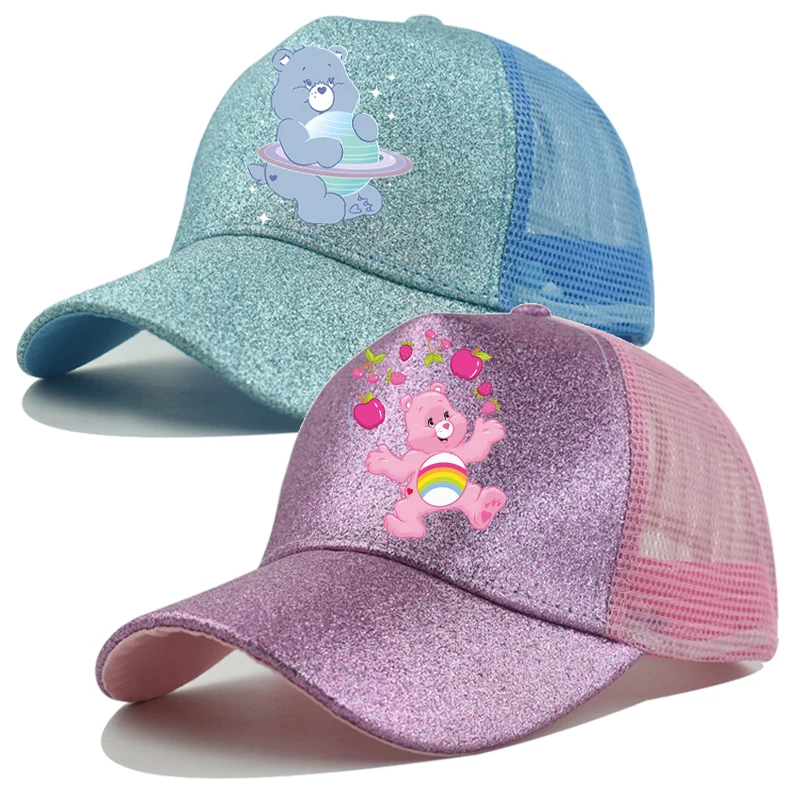 Kawaii Care Bears Baseballkappe, neue Mädchen- und Damen-Sonnenhüte, glitzernder Sonnenhut, Sommer, atmungsaktives Mesh, Sonnenhut, Outdoor-Sport, Kopfbedeckung, Geschenk