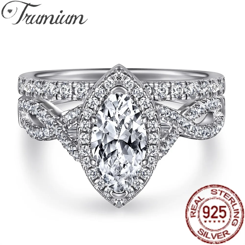 Trumium 2pcs Pure 100% 925 Sterling Silver Marquise Rings For Women Zirconia Glitter Wedding Set Bride Luxury Jewelry