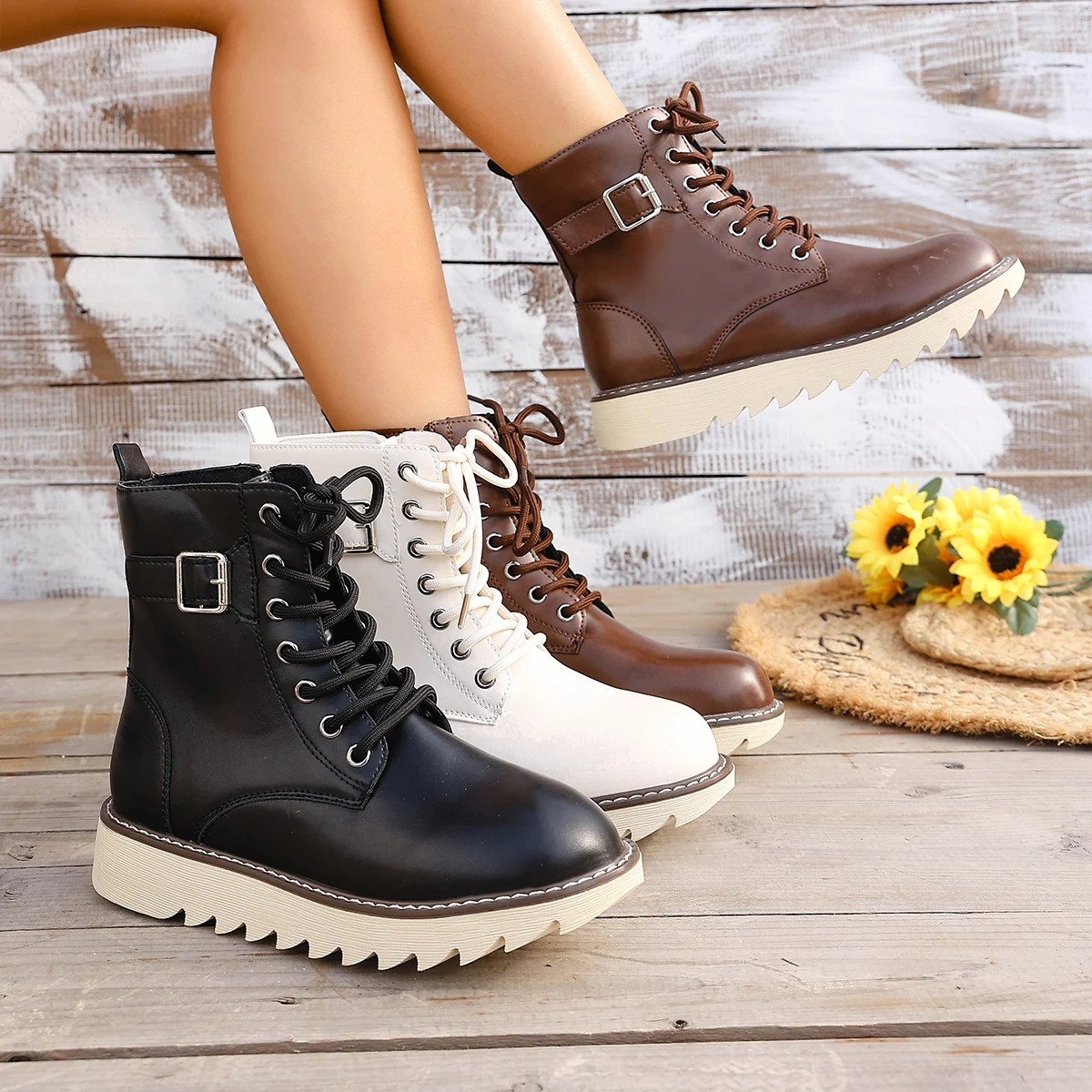 

2026 new women's boots lace up double zipper flat heel thick sole single button short boots