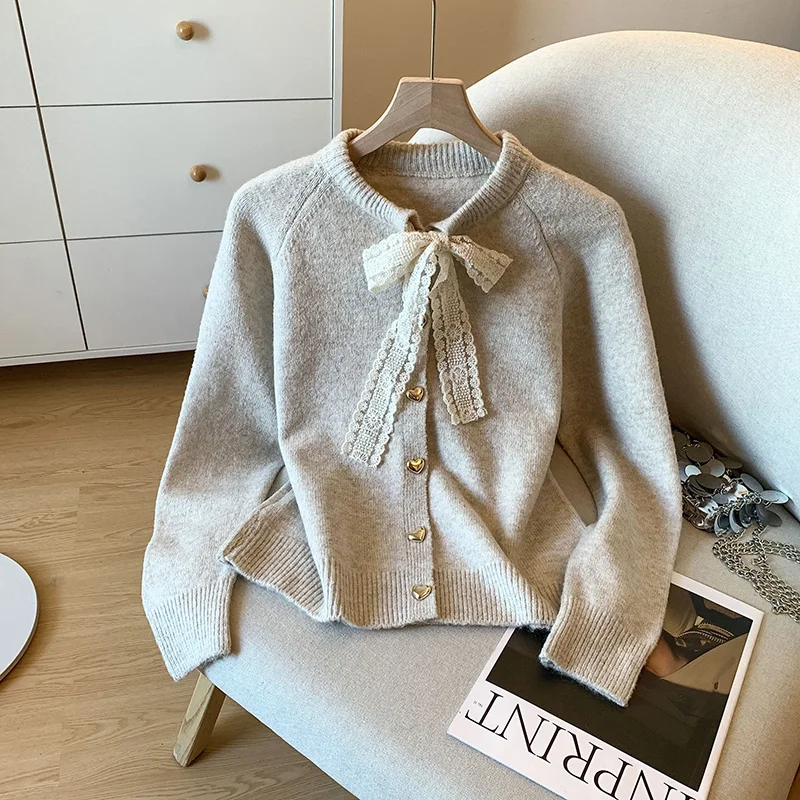 

Маленький ароматный стильный дизайн, кружевной свитер на шнуровке, женский осенне-зимний милый однобортный элегантный вязаный кардиган