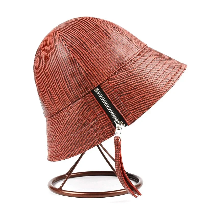 Novelty Korean Harajuku Women Genuine Leather Bucket Hats Female Zipper Candy Color Basin Caps Mujer Strip Fishing Fisherman Hat