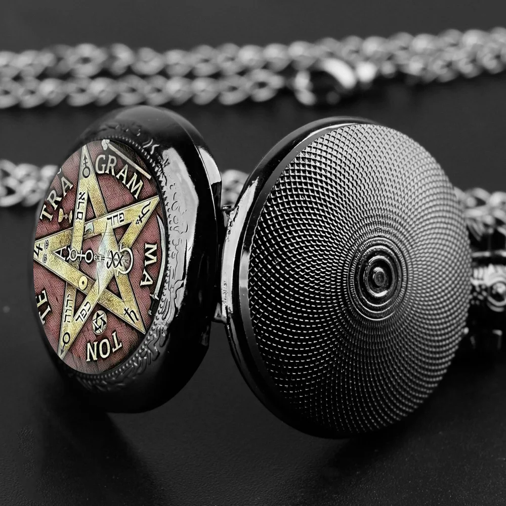 أزياء سوداء الفولاذ المقاوم للصدأTetragramaton تصميم كوارتز ساعة الجيب قلادة المرأة مجوهرات سلسلة بدلاية سحر محظوظ