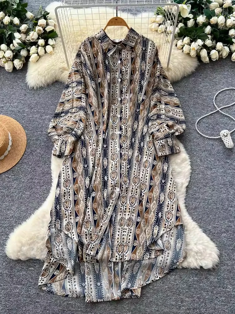 2026 جديد الخريف المرأة موضة ترتيب الأسرة طوق فستان بكم طويل فضفاض عادية واحدة الصدر قميص مطبوع فستان #6