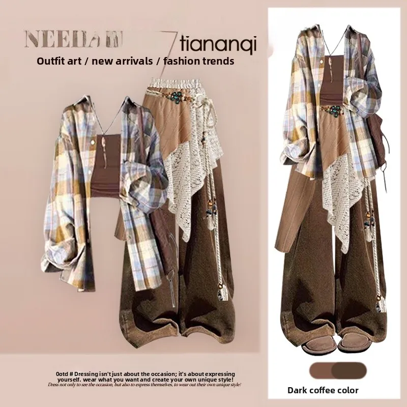 

Осенний сезон, женский комплект с клетчатыми и широкими брюками, повседневный комплект контрастного цвета, винтажный утягивающий комплект из четырех предметов