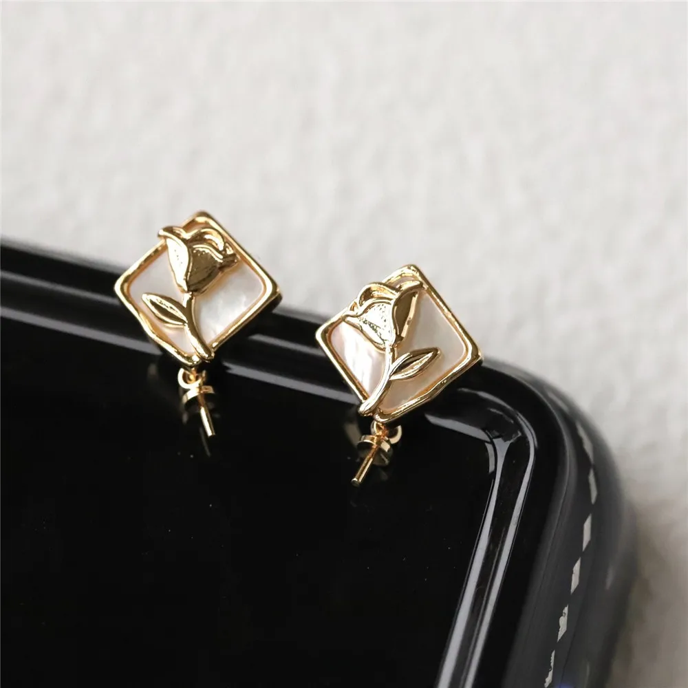 

Copper Plated Real Gold Square White Fritillary Rose 925 Silver Needle Stud Earrings DIY Handmade Charm Accessories