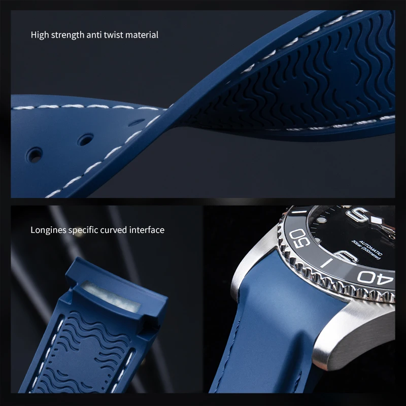 Curved Lug Fluororubber Strap for Longines Watchband Conquest GMT Zulu Time Diving Replacement Watchband 19/21mm Watch Accessory