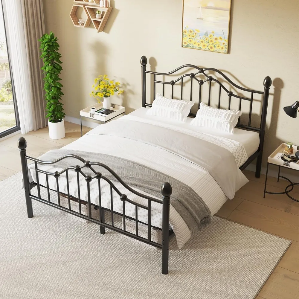 Metalen Bedframe Met Klassiek Hoofdeinde En Treeplank, Platform Bedframe Met Stevige Metalen Lamellen Ondersteuning