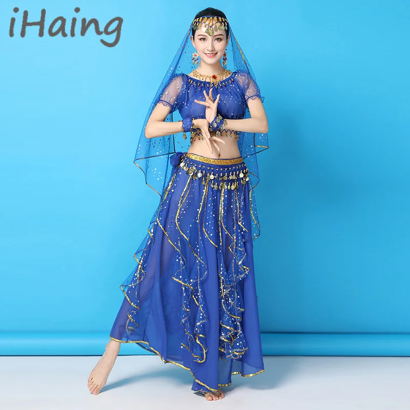 Women Shiny Belly Dance Sequins Top Skirt Indian Arabic Costume Set Bollywood Cosplay Clothes Practice Dancewear Rave Outfit Set