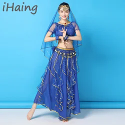 Women Shiny Belly Dance Sequins Top Skirt Indian Arabic Costume Set Bollywood Cosplay Clothes Practice Dancewear Rave Outfit Set