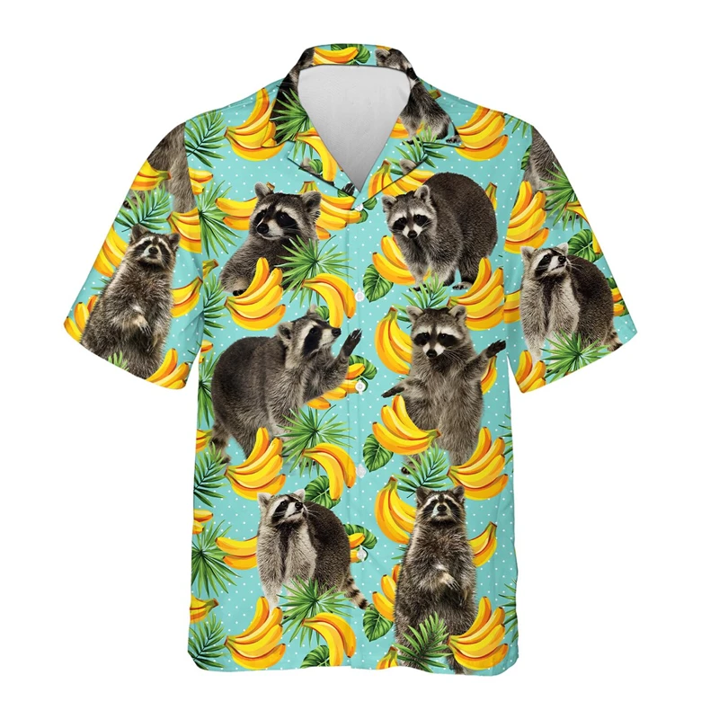 Men Summer Hawaiian Shirt Raccoon Tropical Flower 3D Print Lapel Button Down Short Sleeve Beach Vacation Shirt