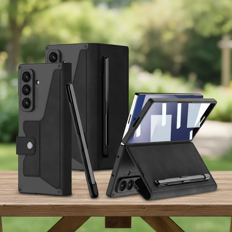 

Чехол для Samsung Galaxy Z Fold 7 6, чехол с гнездом для ручки, матовая кожа, складная подставка, внешний экран, стеклянный чехол для Galaxy Z Fold7, чехол