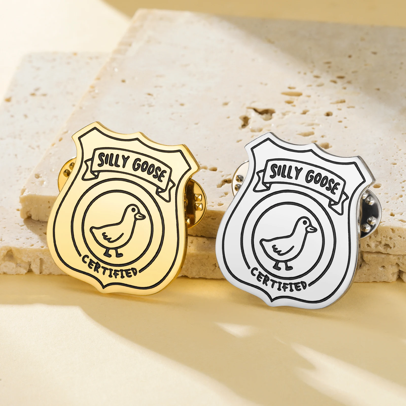 Certified Silly Goose Enamel Pin Shield Shape Metal Lapel Badge Funny Goose Brooch For Backpack Clothes Animal Jewelry Gift