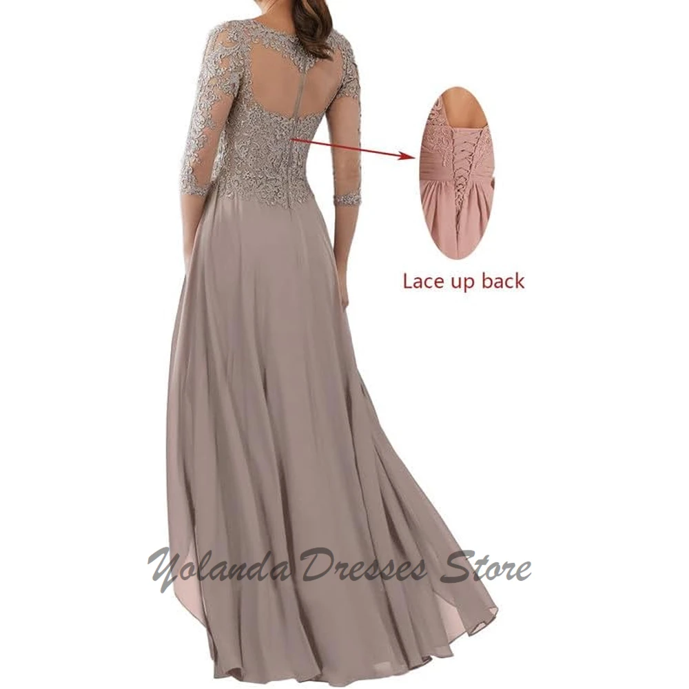Fashion 3/4 Sleeves Bridesmaid Dresses for Wedding High Neck Lace Up Formal Dress Floor Length Appliques Lace Evening Gown