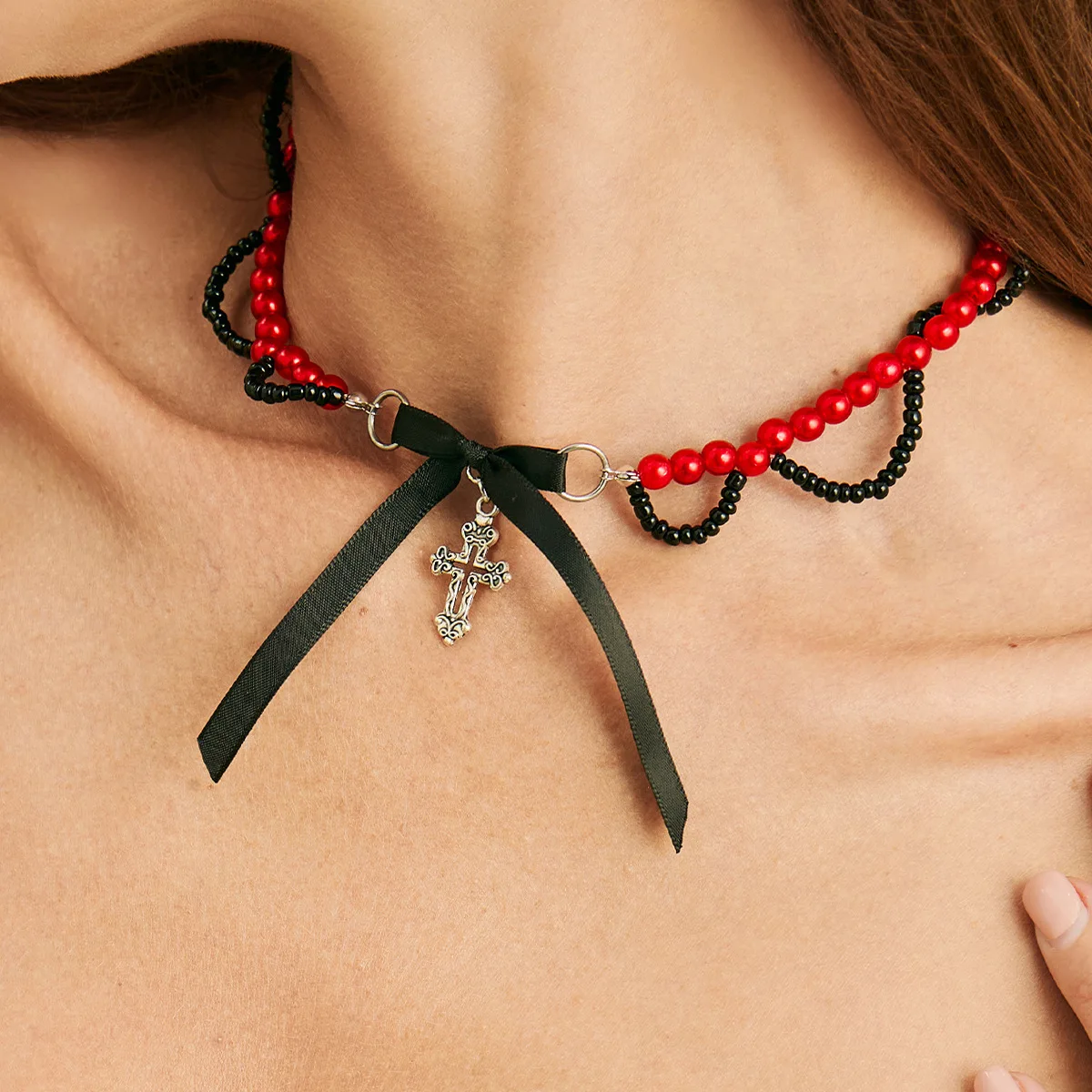 

Women's Ribbon Bow Small Cross Pendant Necklace Gothic Red Seed Bead Stacked Choker Y2K Holiday Cute Charm 2025 Trend Necklaces