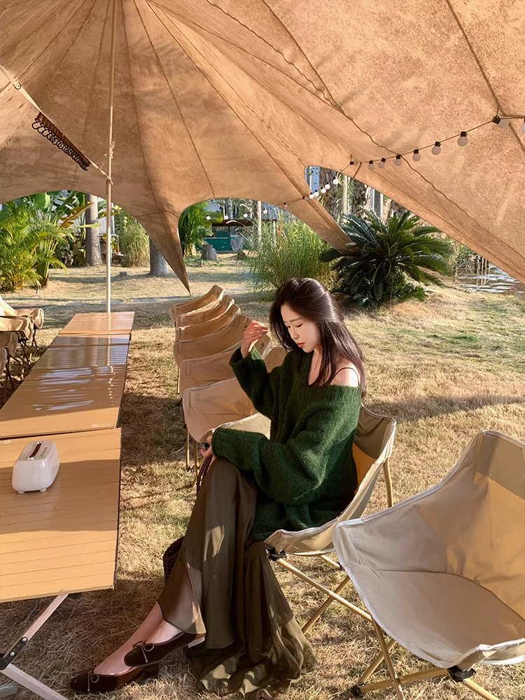 

ZNG OP Women's "Oak Moss" Vintage Soft Sle Lazy V-ne Large Knitted Sweater Comfortable Commute Sle Long Sve Thi