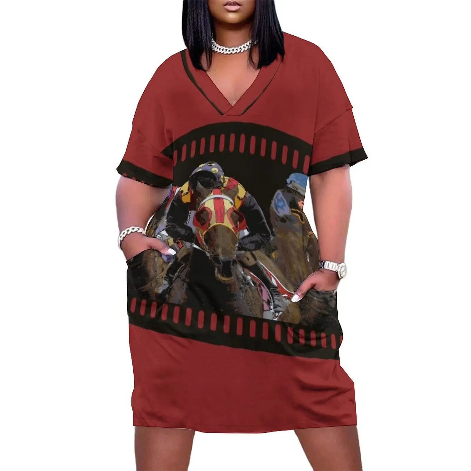 

Horse Racing on a Film Strip Loose Pocket Dress Clothing womans clothing