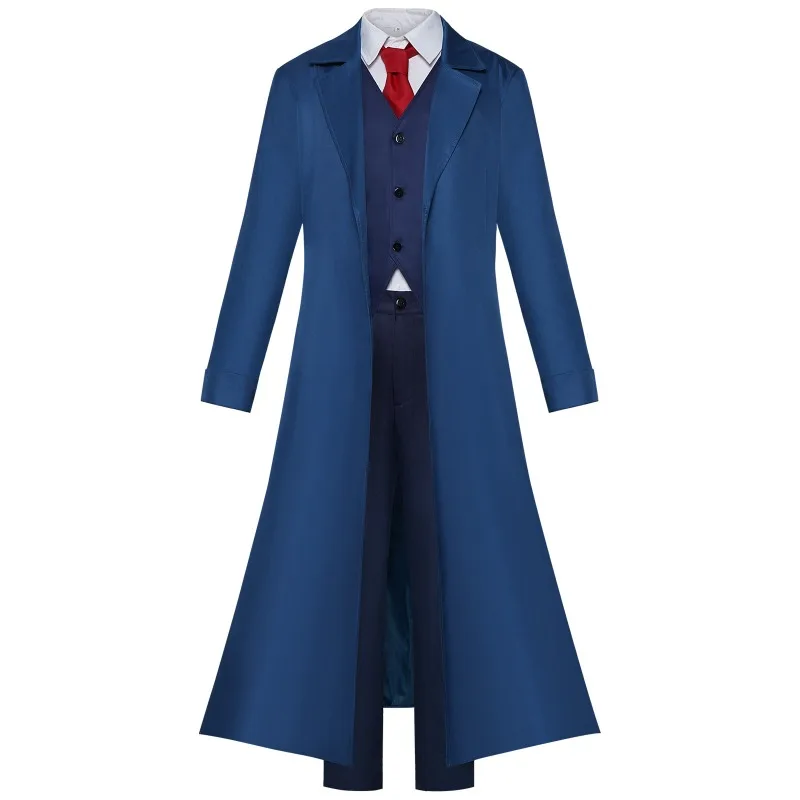 Mashle Kaldo Gehenna Cosplay Costume Blue Long Coat Vest White Shirt Pants Red Tie Set For Halloween Anime Carnival Party
