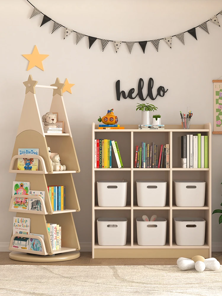 360 degree rotating bookshelf, children's all solid wood picture book rack, simple and modern landing home