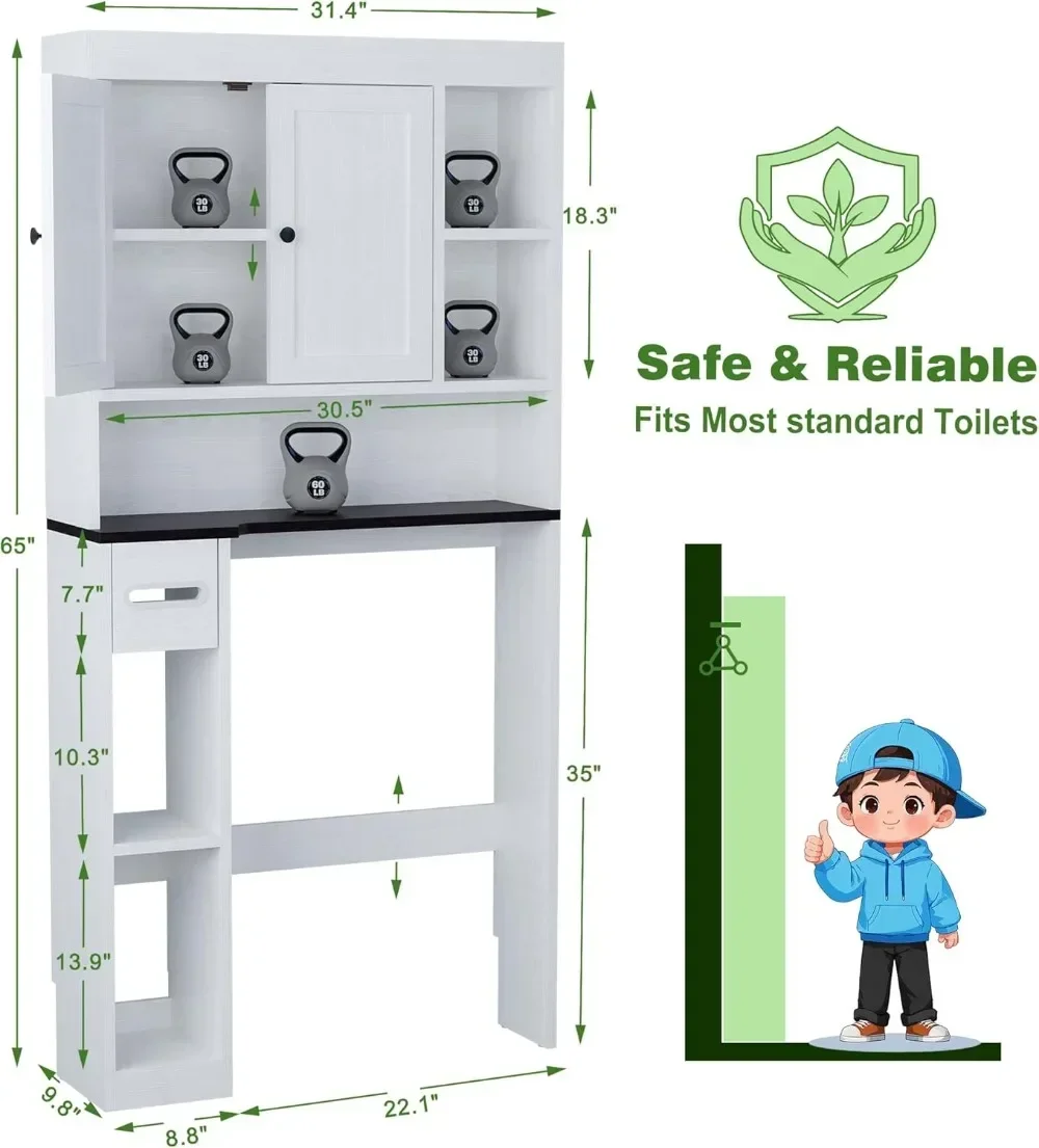 

Hot-selling7-Shelf Over Toilet Storage Cabinet, Bathroom Organizer with Paper Holder, Space Saver (White)