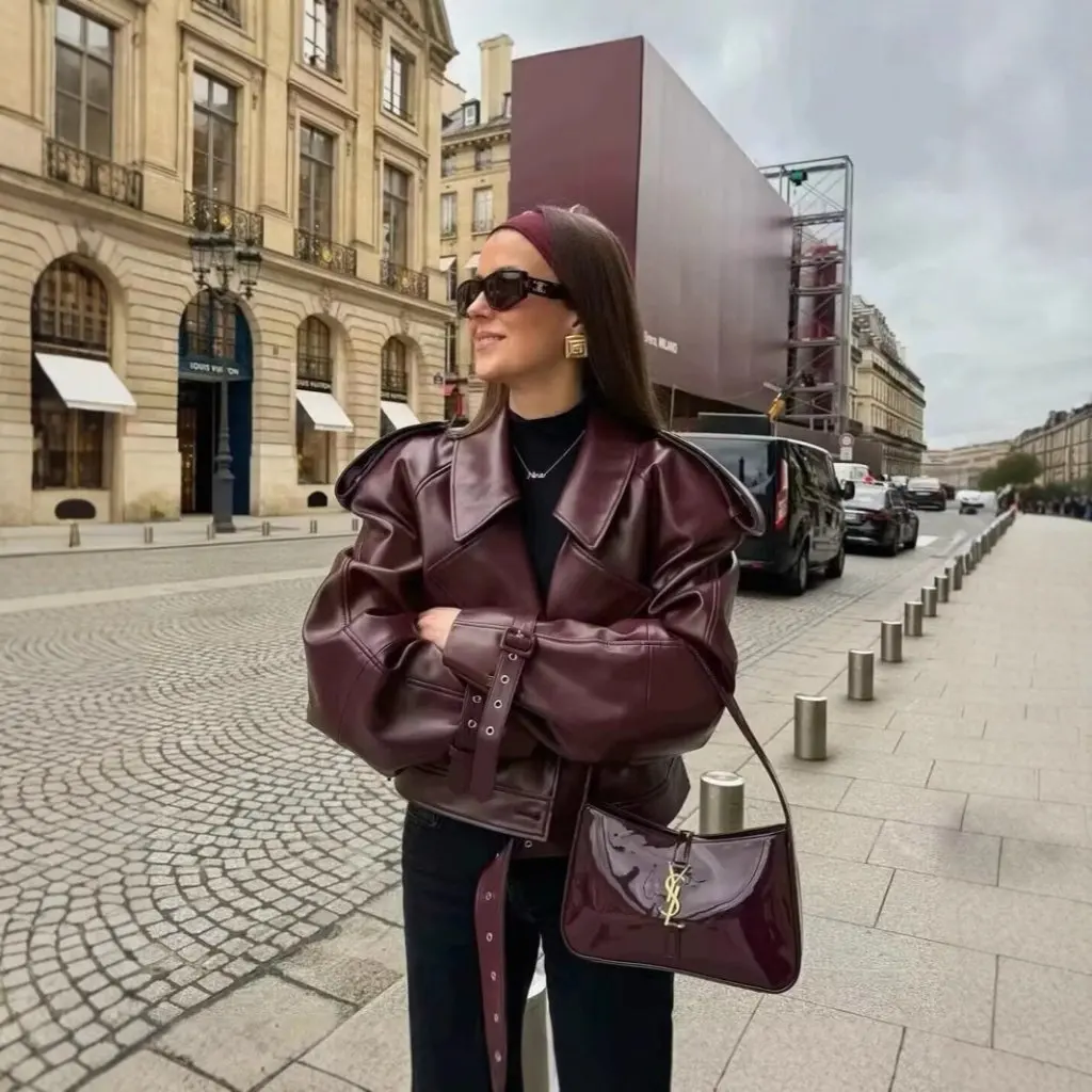 Jaqueta de imitação de couro retro feminina primavera novo estilo europeu e americano motocicleta lapela curta moda outerwear