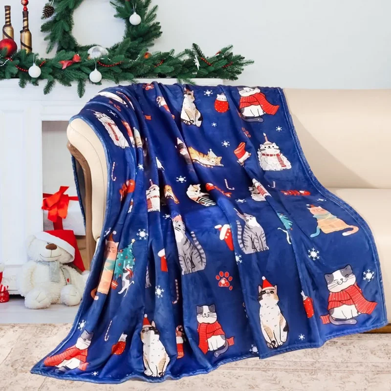 Christmas cat print throw blanket super soft flannel wool blankets winter plush warm bed sofa holiday decoration