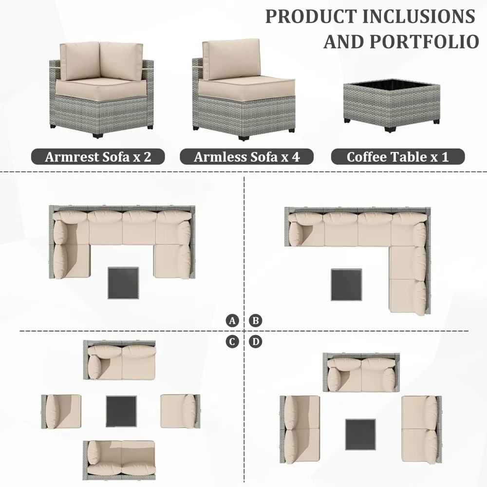 Conjunto de móveis para pátio externo de 7 peças, sofá secional de vime gradiente, conjunto de conversa de pátio de vime modular, conjuntos de móveis de jardim