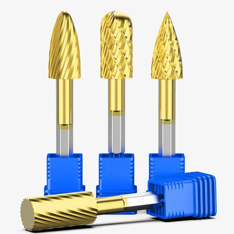 HUHAO Titanium Coating Carbide Hexagon Shank Rotary Burrs for Metal Wood Rotary File Engraving Grinding Polishing Bit CNC Tools