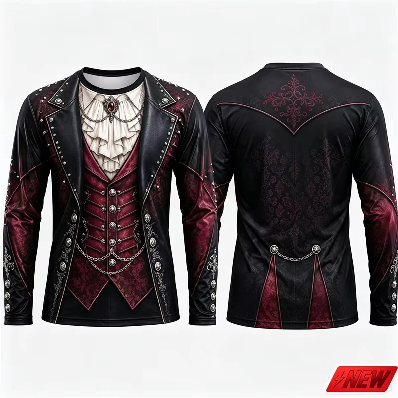 Vintage Steampunk Noble Suit Print Long Sleeve T Shirt Gothic Royal Costume Cosplay Party Daily Wear Family Matching Top