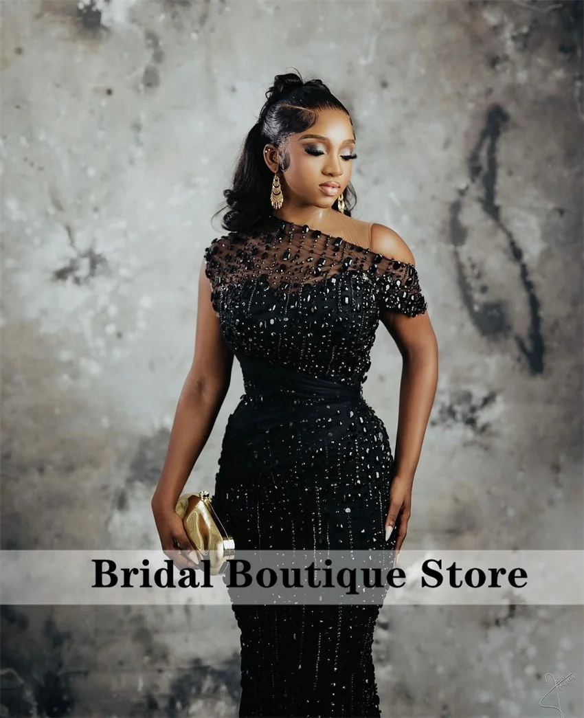 Glitter Black Mermaid Evening Dress 2025 Beading Crystal Tassels African Wedding Engagement Party Prom Gown Customized