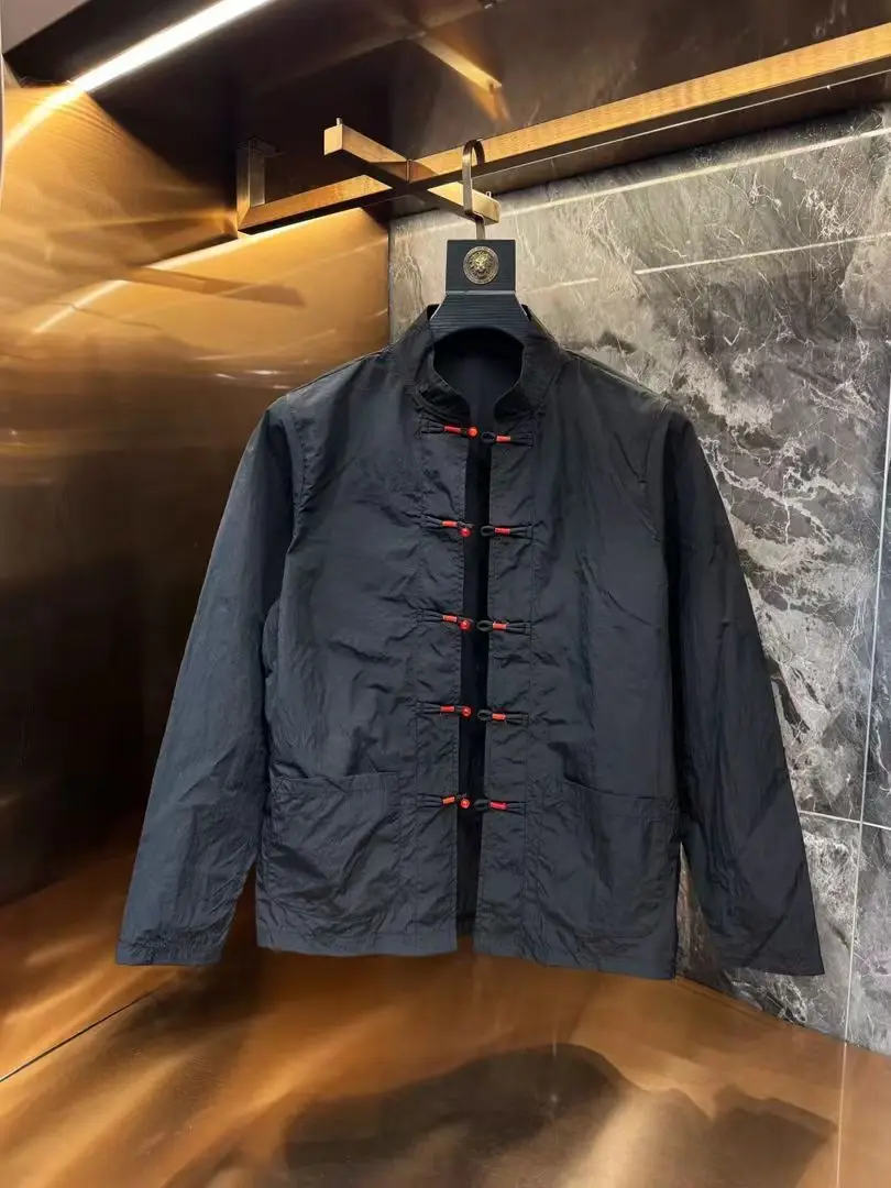 

New 2025 Men's Jaet Outerwear Faionable Loose Stand Collar Tang Costume Top Spring Autumn Polyester Fiber UV Protection