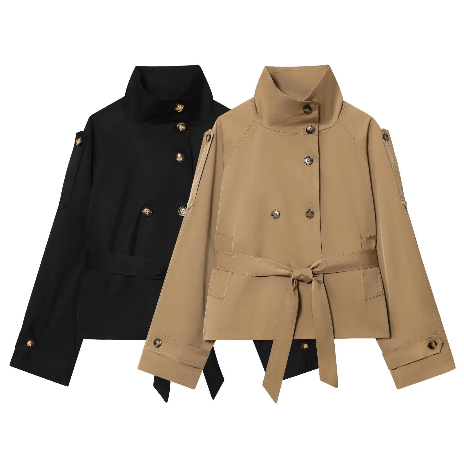 

Autumn new women's loose casual temperament simple stand up collar long sleeved double breasted lace up trench coat
